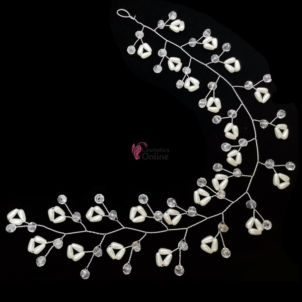 Accesoriu modern pentru decor par WED45GG Argintiu cu cristale si perle de 35cm
